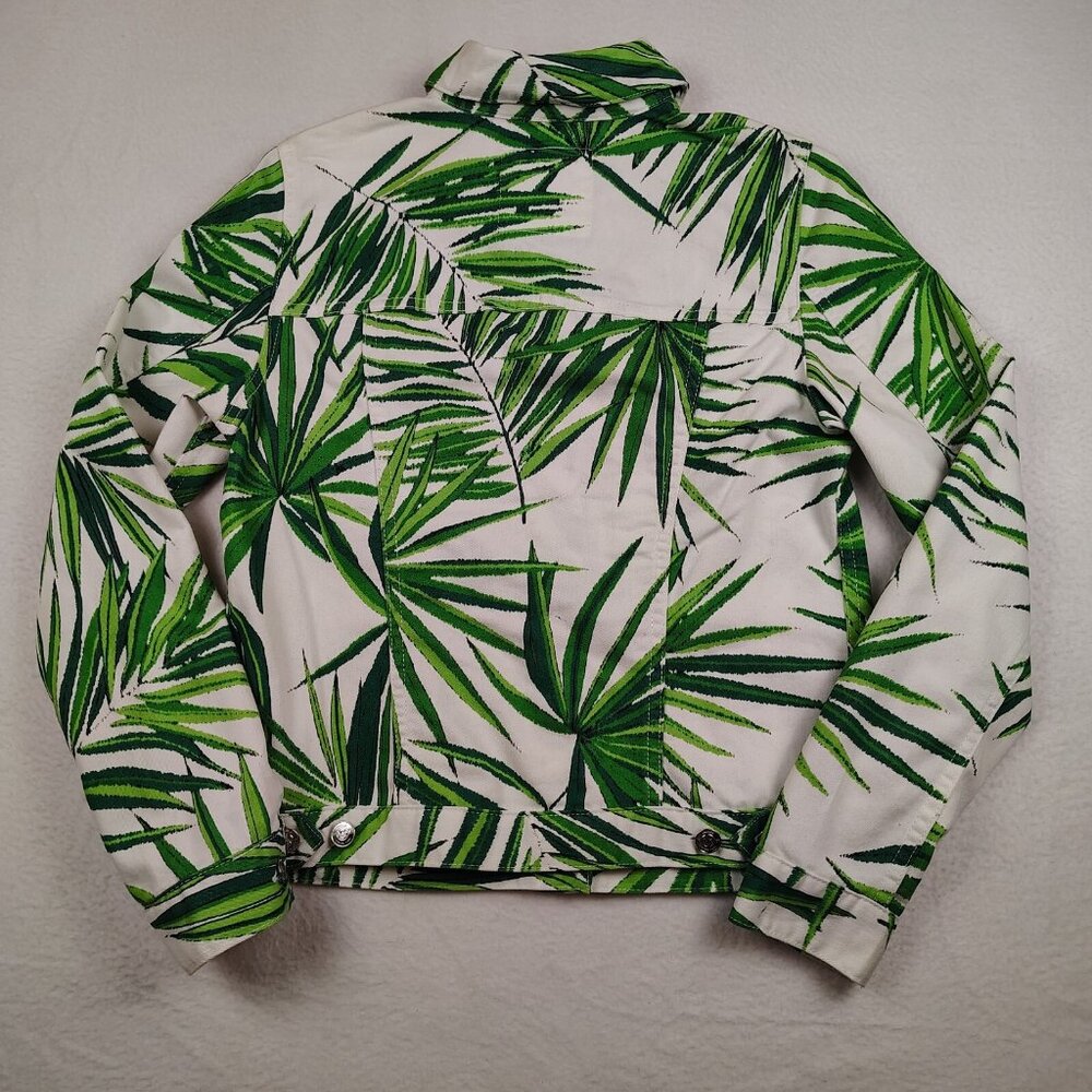 Michael Kors Denim Jacket Womens 4 White Green Palm Leaf Print - Picture 2 of 12